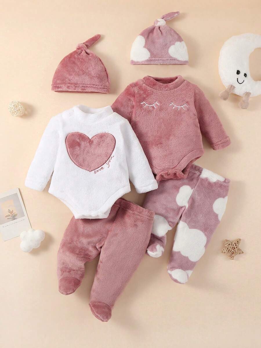 SHEIN 6 件套新生儿简约时尚心形表情图案连帽长袖连体衣配裤子和帽子，家居服套装 - 藕粉色 - 查看 1