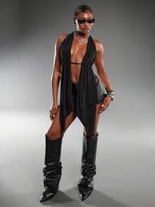 Normani 女士纯色露背露肩性感吊带背心 - 黑色 - 查看 3