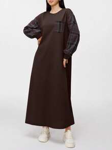 Modelyn Women's Plaid Patchwork Round Neck Drop Shoulder Long Sleeve Casual Sweatshirt Dress - Coffee Brown - View 5