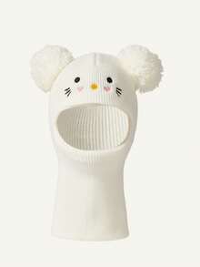 Cozy Pixies 1个黑色带绒球的拉法帽，新生儿滑雪面罩，幼儿针织帽，双球设计，男女宝宝通用，儿童冬季保暖帽，儿童针织帽 - 白色 - 查看 9