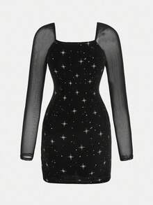 Pitira 少女黑色修身网纱拼接天鹅绒雪花迷你派对连衣裙，优雅天鹅绒连衣裙 - 黑色 - 查看 3