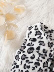 女童休闲仿皮草棕色豹纹背心外套，秋冬季 - 黑與白 - 查看 4