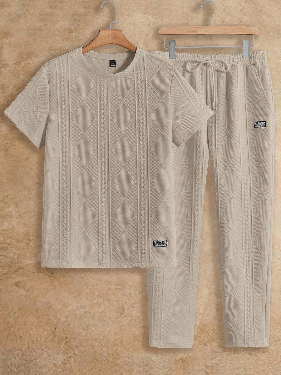 HIMLAND 2件套男士字母图案圆领短袖针织休闲T恤和抽绳腰裤 - 卡其色 - 查看 1