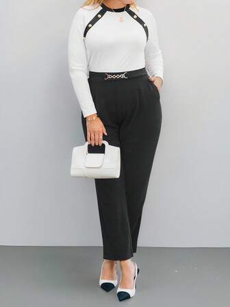 SHEIN Privé 大码女式腰链装饰褶皱口袋优雅长裤