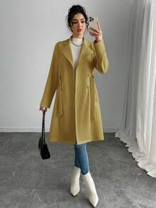 SHEIN PETITE Women's Elegant Solid Color Faux Suede Mid-Length Regular Jacket - Olive Green - View 5