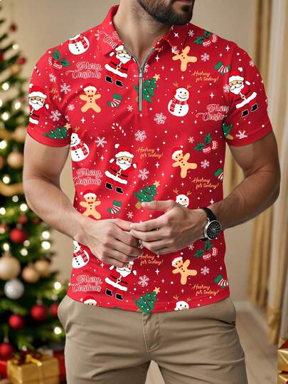 Manfinity Homme Camisa polo casual de manga corta con cremallera y estampado de hombre de jengibre