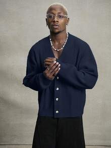 PAVTROS Cárdigan casual de unicolor para hombres, versátil para otoño/invierno, parte superior de manga larga - azul real - Ver 4