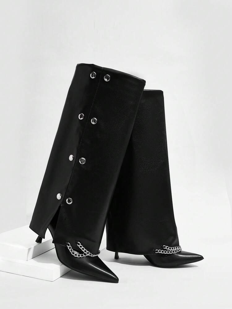 CUCCOO SZL Women's Fashionable Chain Decor Metal Pointed Toe High Boots, Autumn