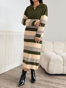 Modelyn Women's Casual Loose Fit Striped Drop Shoulder Long Sleeve Knitted Sweater Dress, Autumn/Winter,Fall,Fall Clothes For Women - Army Green - View 4