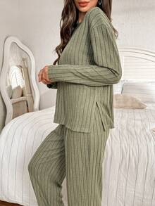 SHEIN 女士纯色磨毛罗纹宽松圆领长袖睡衣套装，鼠尾草绿睡衣套装，两件套家居服，长袖家居服套装，两件套睡衣，秋冬服装 - 綠色 - 查看 6