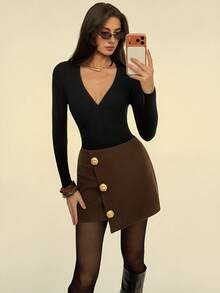 Aloruh Falda con decoración metálica y bajo asimétrico de moda para mujer, otoño - Caqui - Ver 4