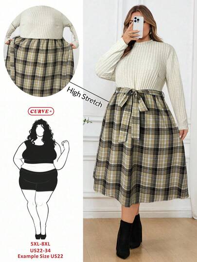 SHEIN CURVE+ 大码女士优雅拼接格纹下摆长袖连衣裙，适合办公室穿着，秋冬季女装。