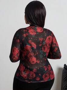 SHEIN PETITE CURVE 大码女士透视玫瑰印花衬衫，长袖修身款，女士情人节礼物 - 黑色 - 查看 2