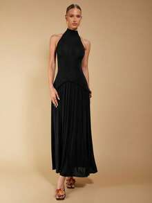 COSMINA Rochie plisată cu imprimeu halter pentru femei, culoare uni - Negru - Vizualizare 5