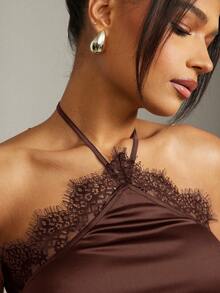 Hauture Sexy Summer Office Lace Datail Halter Cami Top - Brown - View 6