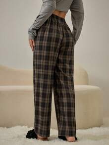 HautHeat Women's Waist Tie Plaid Wide Leg Loose Sleep Pants, Fall & Winter - Coffee Brown - View 2