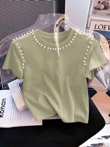 SHEIN 女式常规版型仿珍珠装饰圆领短袖 T 恤 - 卡其色 - 查看 5