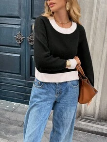 Chiquease Women's Crew Neck Long Sleeve Casual Knit Sweater, Autumn/Winter - Black - View 7