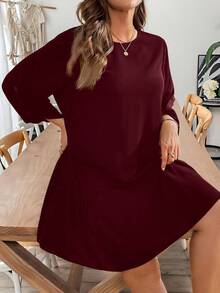 SHEIN Essnce 大码女装春秋季时尚休闲宽松舒适日常百搭修身可调节袖长紫红色连衣裙，秋季穿搭，女士黑色连衣裙，女士教堂着装，曲线可爱连衣裙，简约风格 - 酒紅色 - 查看 5