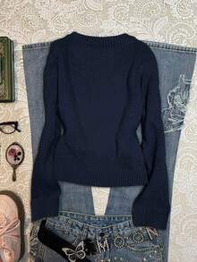 Attitoon Suéter casual de cuello redondo de manga larga con diseño de oso de dibujos animados para mujer, adecuado para otoño/invierno - Azul Marino - Ver 2