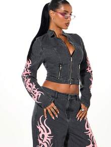 SUMWON WOMEN Flame Tattoo Print Denim Jacket Long Sleeve Zip Front Cropped Fitted Black Wash Streetwear Edgy Style - Black - View 4