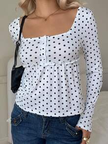 SHEIN EZwear 女式休闲白色波尔卡圆点方领长袖修身T恤，秋季 - 白色 - 查看 3