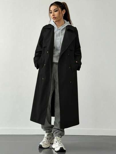 SHEIN EZwear 大码女式翻领长袖双排扣休闲长款风衣