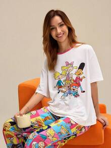 Nick 90s | SHEIN Women Cartoon Figure Graphic Round Neck Short Sleeve Top And Long Pants Pajama Set - Multicolor - View 1