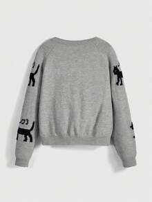 ROMWE Kawaii 黑猫与音符提花针织开衫 - 灰色 - 查看 2