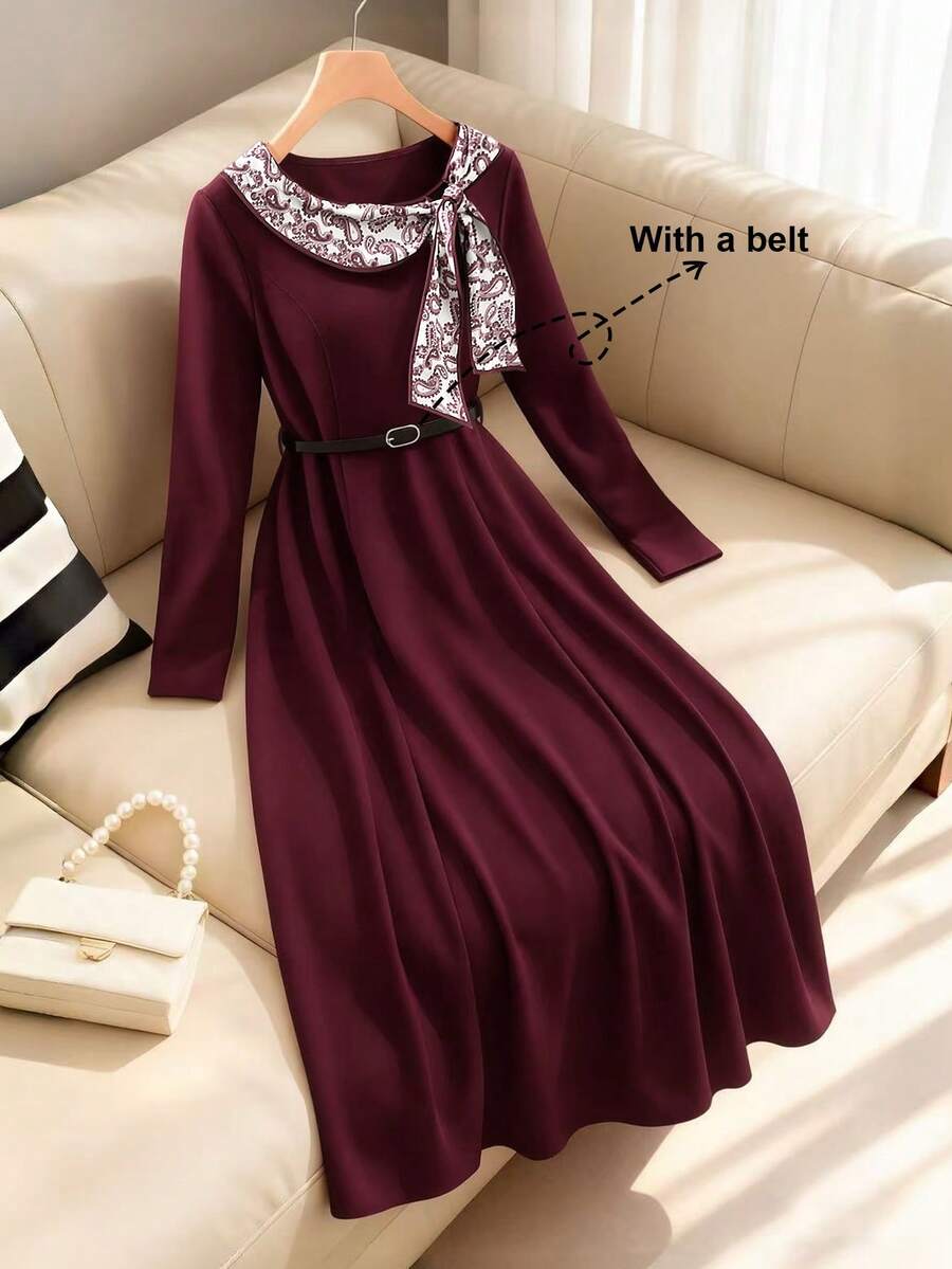 SHEIN Franclia 女式优雅对比佩斯利印花领结长袖连衣裙（配腰带） - 紫色 - 查看 1