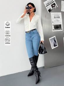 SHEIN 女士高腰修身弹力牛仔裤 – 浅蓝色水洗，经典五口袋设计，修身九分裤长 - 中等水洗藍 - 查看 1