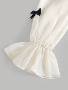 Pitira Tween Girls Different Materials Splicing Woven Bow Three-Dimensional Flower Waist, Contrasting Color Jumpsuit, Elegant Long Loose Jumpsuit - Black - View 4