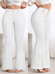 Flexra Plus Size High Waist Slim Fit Flare Jeans - White - View 1