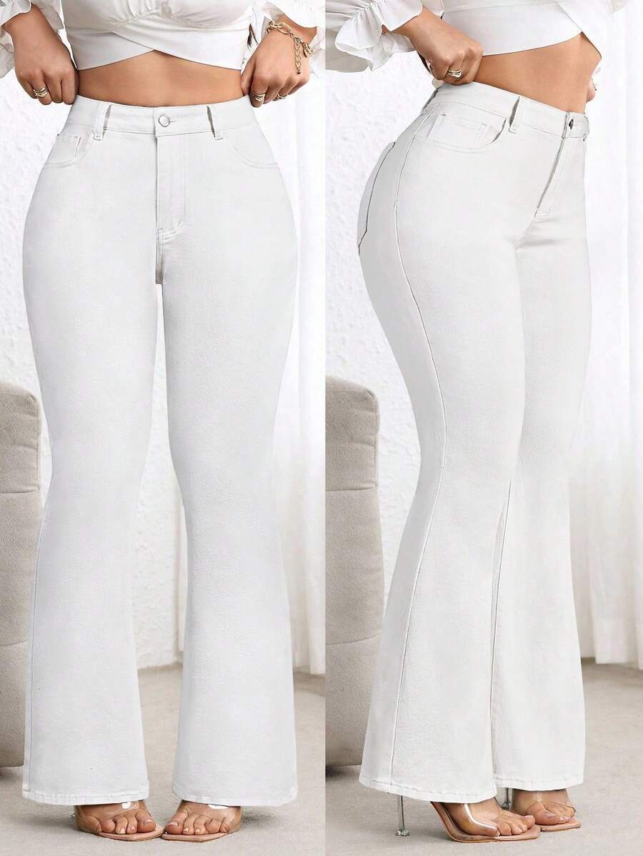 Flexra Plus Size High Waist Slim Fit Flare Jeans - White - View 1