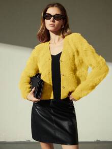 EMERY ROSE French Luxury Slouchy Fluffy V-Neck Cardigan Sweater Oversized Sweater  - Yellow - View 3