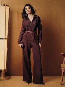 Anewsta Elegant Luxury Fashion Collared Single-Breasted Design Embroidered Beaded Loose Long Sleeve Women Blouse, Christmas Women's Clothing - Burgundy - View 4