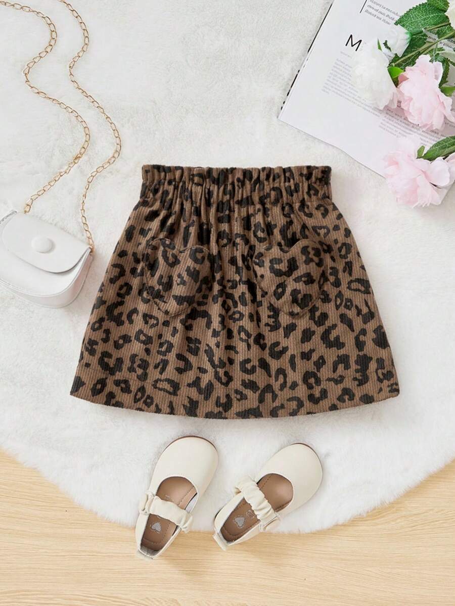 SHEIN Young Girl Corduroy Leopard Print Paperbag Waist Skirt,Heart Pocket Design Ruffle Hem School Skirt,Daily Wear For Spring,Autumn,Winter Christmas Gift - Brown - View 1