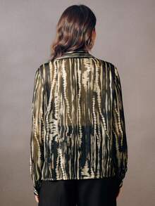 Anewsta Asymmetric Zebra Striped Metallic Chiffon Water Print Collared Long Sleeve Blouse - Multicolor - View 3