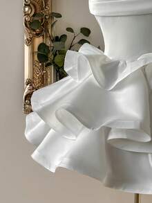 Lovelzi Elegant, Romantic, Fashionable White Satin Off Shoulder Ruffle Hem Dress, Suitable For Bachelorette Party, Wedding, Graduation, Vacation, Afternoon Tea, Bridal Shower - White - View 4