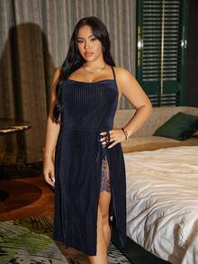 SilkySpell Camisón de mujer talla grande con encaje y terciopelo, con abertura lateral sexy - Azul - Ver 7