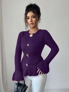 SHEIN Elenzya 女士优雅金属扣袖口荷叶边下摆长袖毛衣，秋冬款 - 紫色 - 查看 4