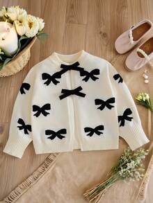 Tween Girls' Premium Autumn Winter New Style Apricot Knit Cardigan- Long-Sleeve Outerwear With Exquisite Jacquard Bow Pattern, Detachable 3D Bow Decoration, Ultra-Soft Cozy Fabric, Loose Lazy Silhouette, Elegant & Versatile, Easy To Match With Tees/Dresses, Suitable For Daily Life & Festive Atmospheres Bow Clothes Sweater With Bows Bow Cardigan Bows Shirt Bow Clothes For Girls Girls Cardigan For Dress Kids Sweaters For Girls Button Girl S Spring And Autumn Suit Simple Dresses For Girls Long Sleeve With Split Jacket - Apricot - View 3