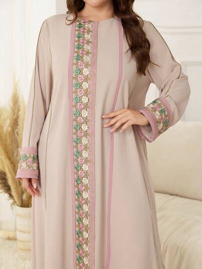 SHEIN Najma 大码中东风格女士端庄长袖贴花装饰阿拉伯连衣裙