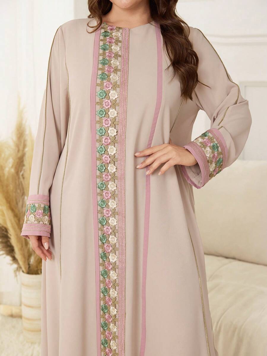 Al Najma Plus Size Style Women Modest Long Sleeve Applique Decor Arabic Dress - Apricot - View 1