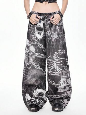 Grunge Punk Jeans larghi e morbidi con stampa a catena di teschi e scheletri in stile gotico scuro