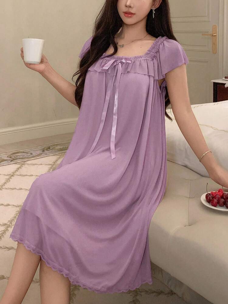 Lightweight Ruffled Mesh Women's Nightgown, Sleepwear Dress