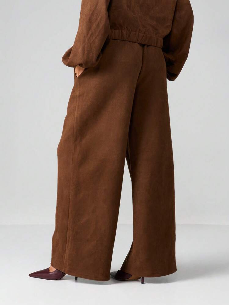 MISSGUIDED Hoher Bund Weite Bein Wildleder Jogginghose mit Kordelzug Taille und Seitentaschen für bequemen Lässig-Stil