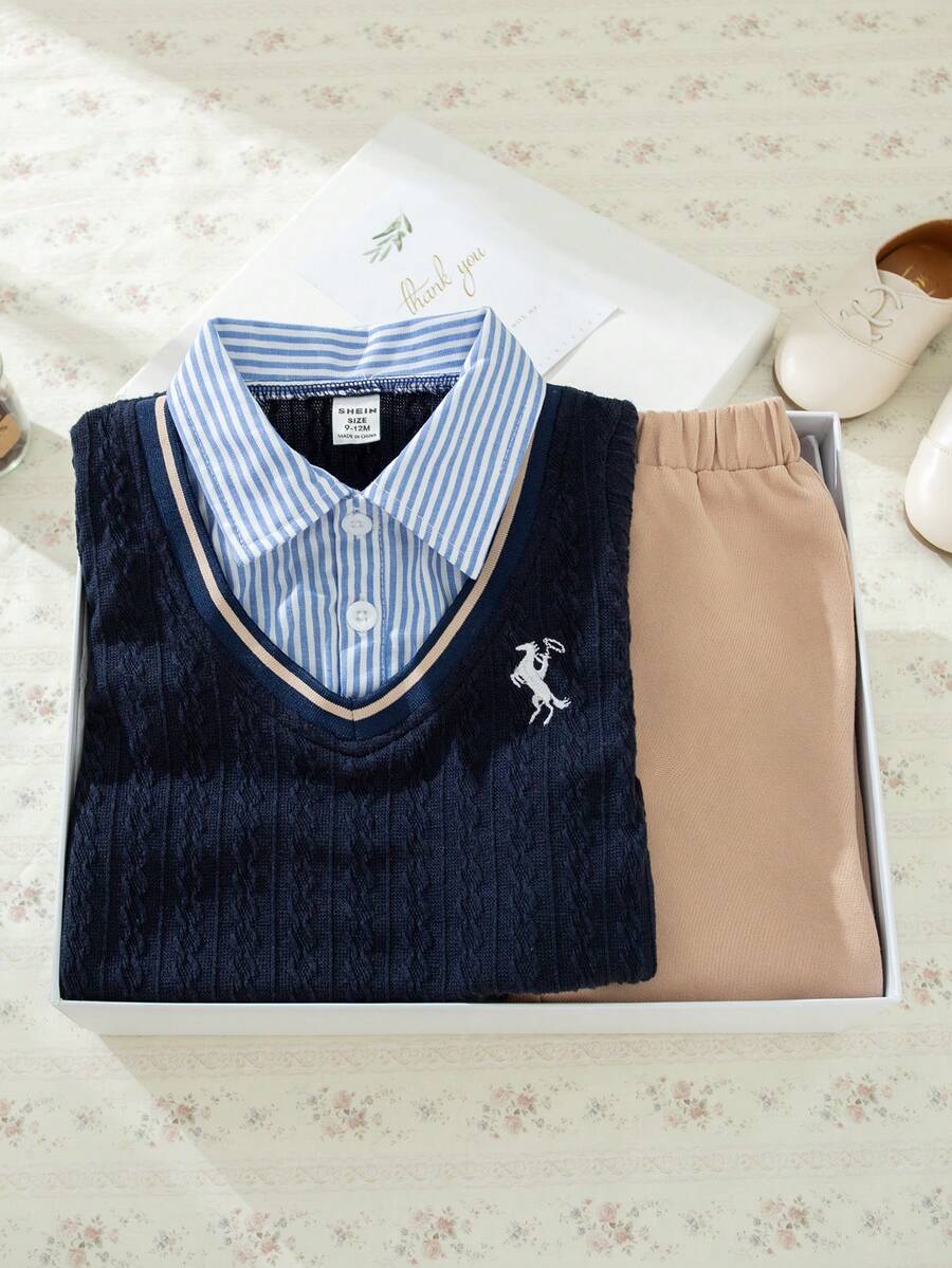 Souflis Souflis Set de 2 piezas de top de manga larga con cuello y pantalones casuales estilo francés retro para niños pequeños, adecuado para la escuela, salidas, fiestas y talla grande ocasiones - Multicolor - Ver 1