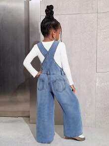 Young Girl Y2K Washed Blue Denim Bib Overalls,Fall Clothes,Winter Clothing ,Casual And Fashionable Vacation Outfits,Street Wear,2000s Style ,Christmas - Light Wash - View 3