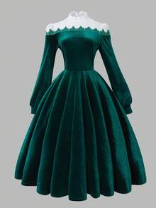 Sparklyn 一件适合女孩、青少年穿着的优雅蕾丝拼接领长袖收腰A字天鹅绒连衣裙，适合宴会和派对等场合，也适合秋冬季节穿着。 - 墨綠色 - 查看 8